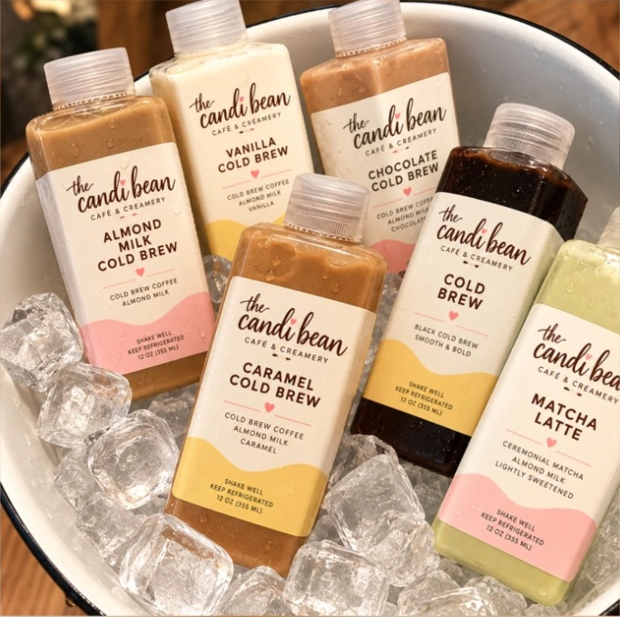 Candi Bean-inspired bottled cold brews nestled in ice