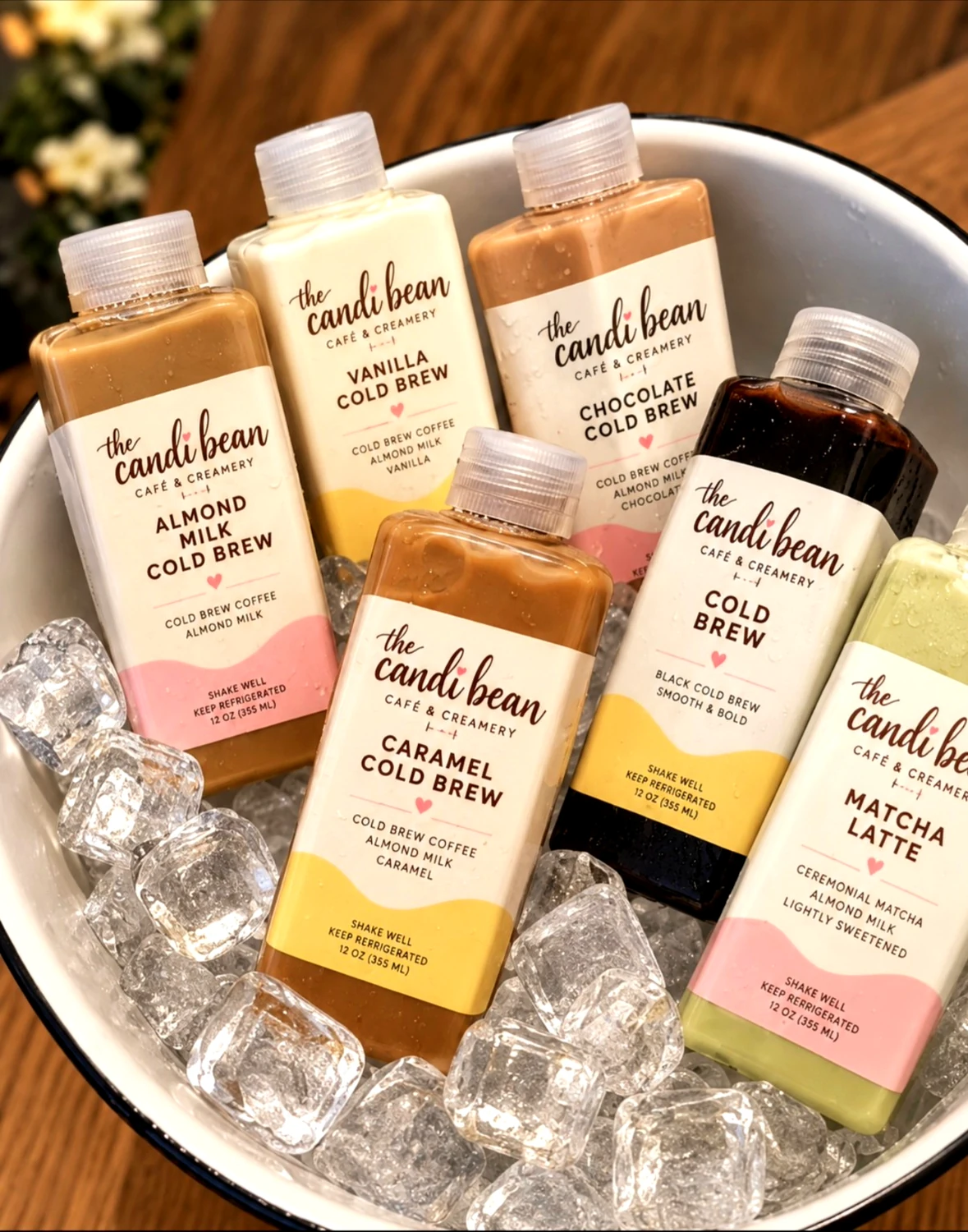Candi Bean-inspired bottled cold brews nestled in ice