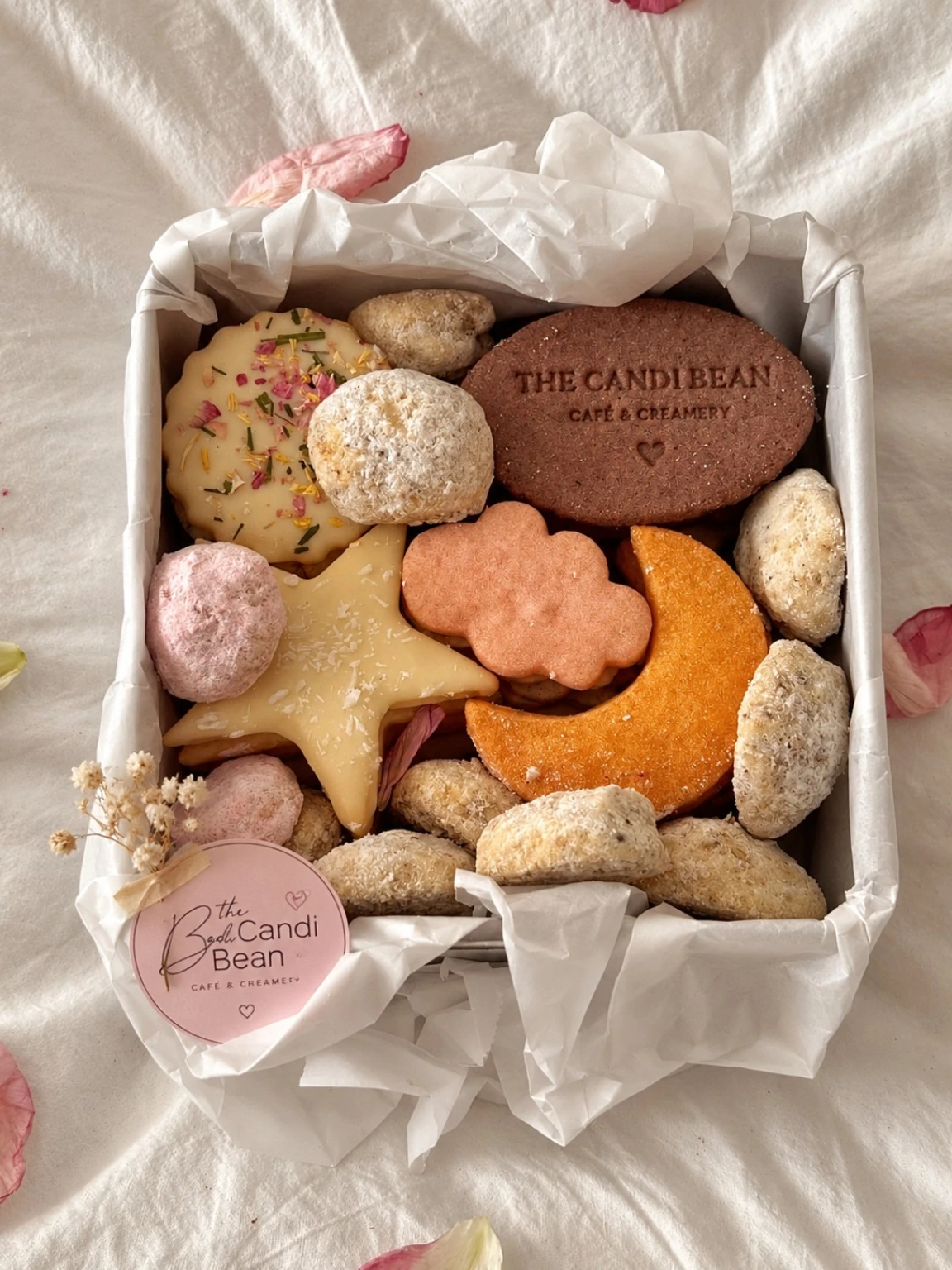 Candi Bean-inspired cookies in a gift box