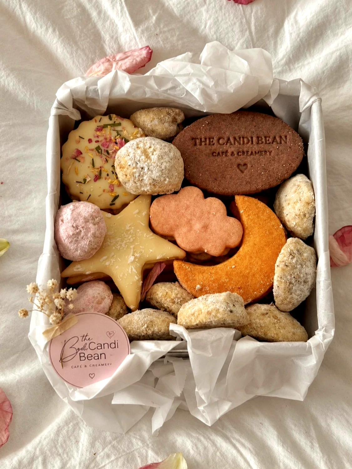 Candi Bean-inspired cookies in a gift box