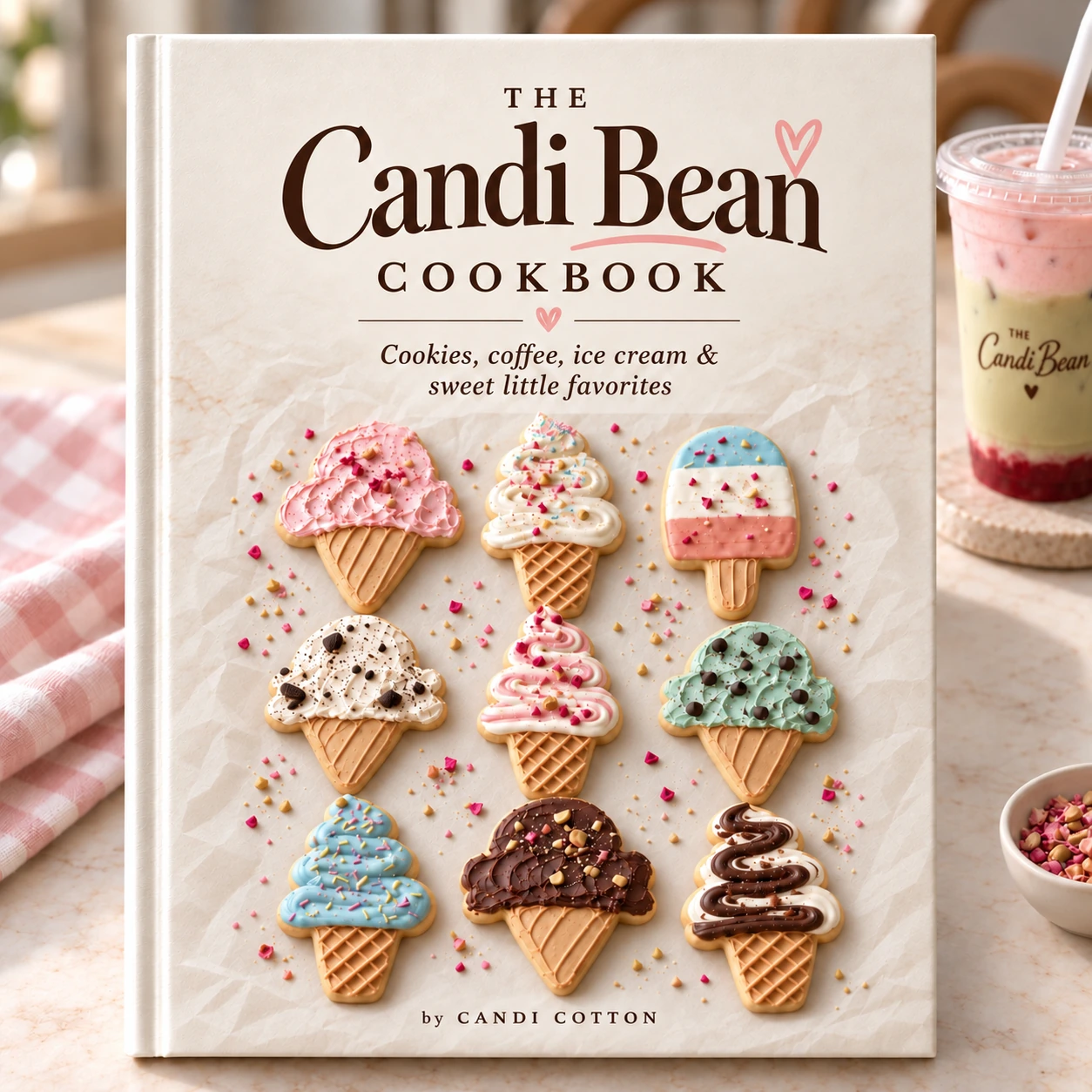The Candi Bean Cookbook hardcover concept with ice cream-shaped cookies on parchment, without a baking pan