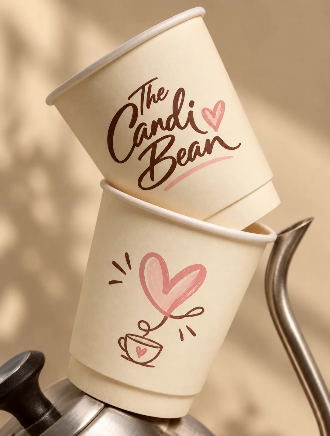 Candi Bean-branded cream coffee cups with a chocolate-brown script logo and pink heart
