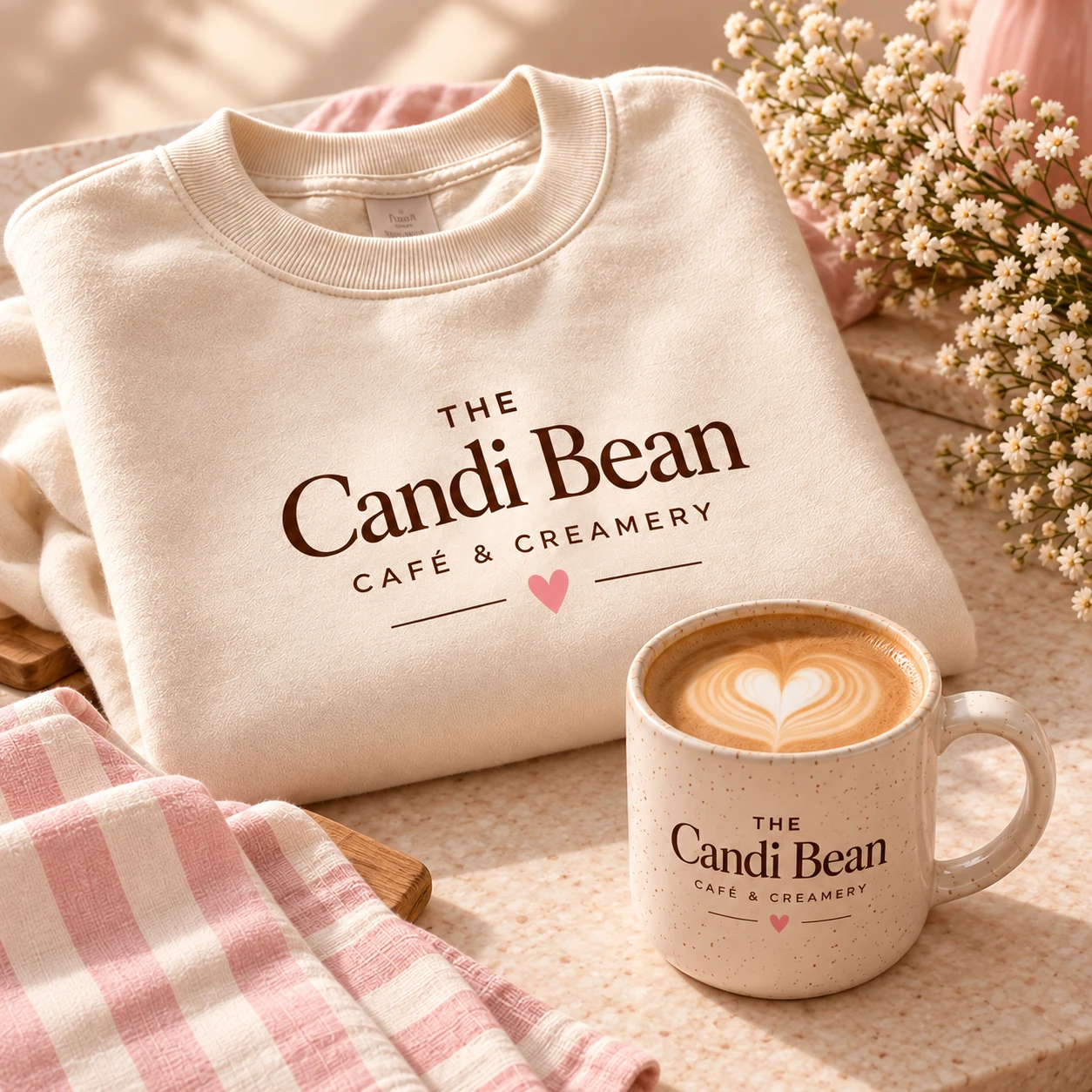The Candi Bean cream sweatshirt and matching ceramic coffee mug with chocolate-brown branding and blush-pink details